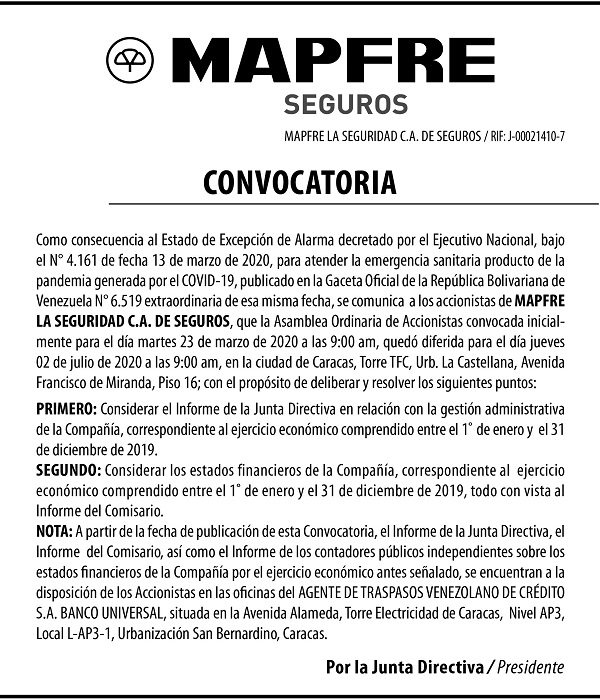 CONVOCATORIA MAPFRE LA SEGURIDAD C A DE SEGUROS