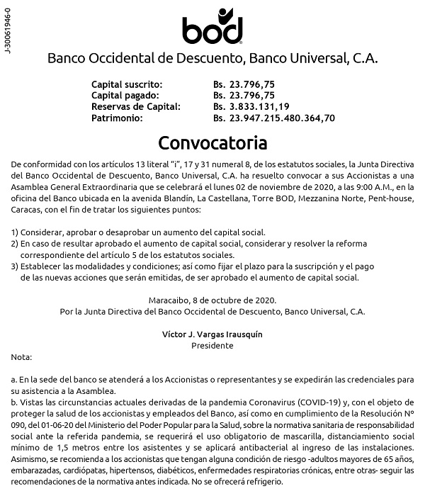 CONVOCATORIA BANCO OCCIDENTAL DE DESCUENTO