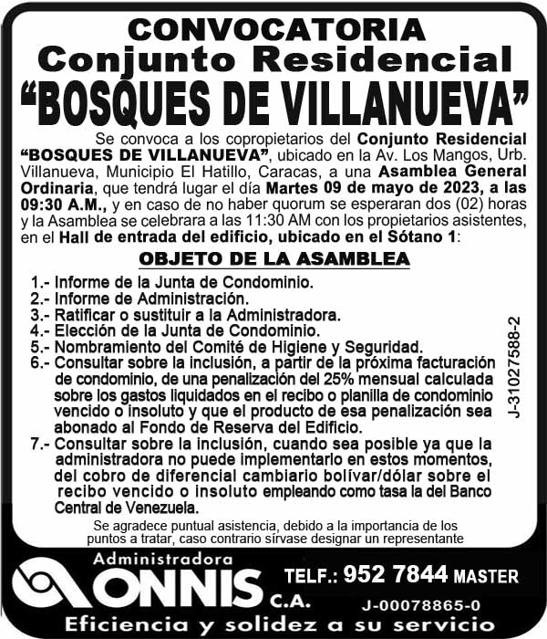 CONVOCATORIA CONJUNTO RESIDENCIAL BOSQUE DE VILLANUEVA