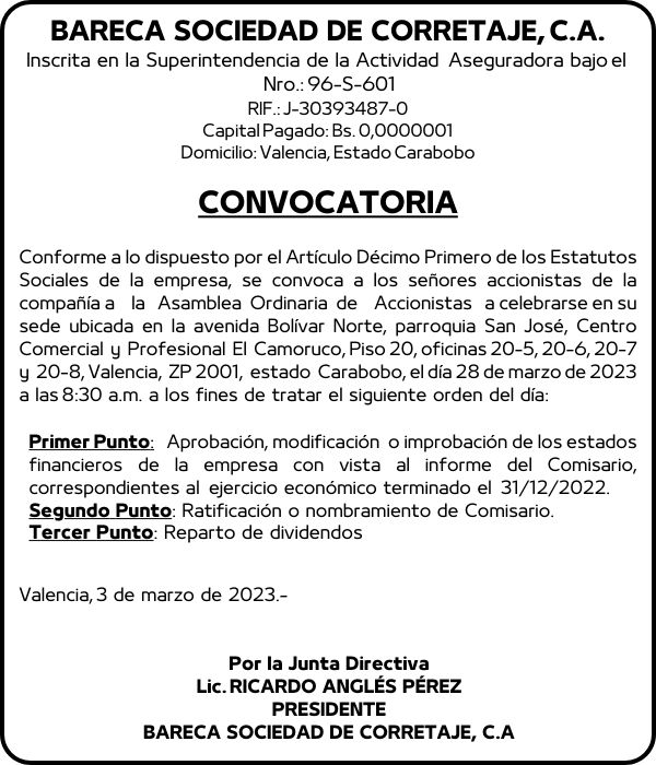 CONVOCATORIA BARECA SOCIEDAD DE CORRETAJE