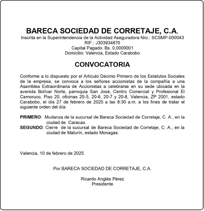 CONVOCATORIA BARECA SOCIEDAD DE CORRETAJE, C. A.