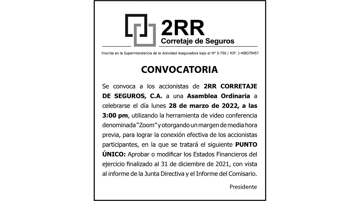 CONVOCATORIA ASAMBLEA ORDINARIA 2RR CORRETAJE DE SEGUROS