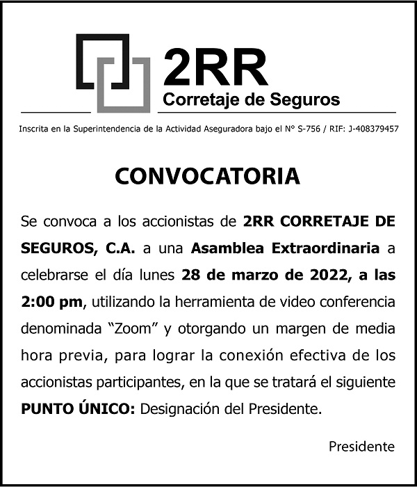 CONVOCATORIA ASAMBLEA EXTRAORDINARIA 2RR CORRETAJE DE SEGUROS