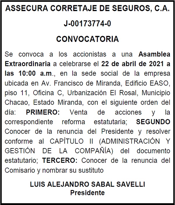 CONVOCATORIA ASSECURA CORRETAJE DE SEGUROS