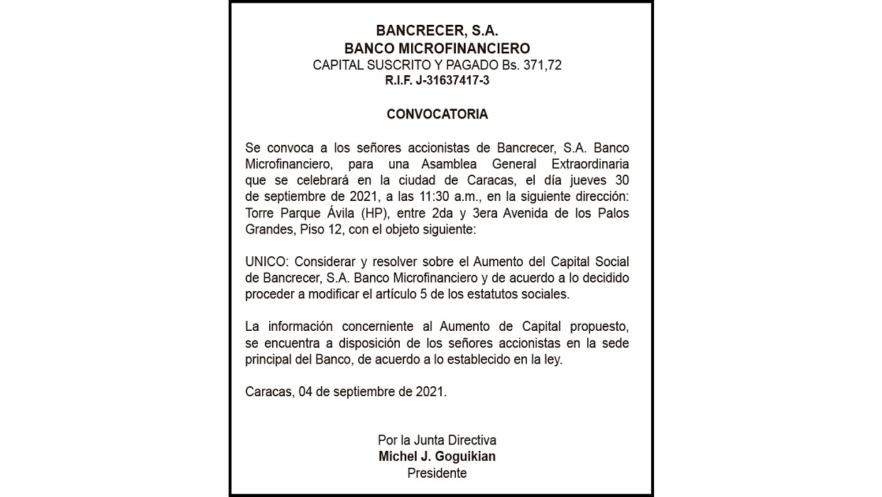 CONVOCATORIA ASAMBLEA EXTRAORDINARIA AUMENTO DE CAPITAL SOCIAL BANCRECER