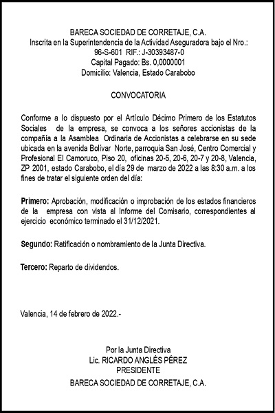CONVOCATORIA ASAMBLEA ORDINARIA BARECA SOCIEDAD DE CORRETAJE C.A.