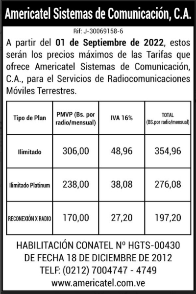 COMUNICADO AMERICATEL SISTEMA DE COMUNICACIÓN, C.A.