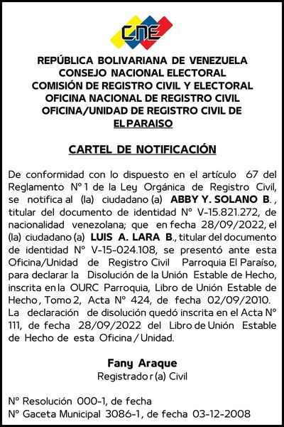 CARTEL DE NOTIFICACIÓN ABBY Y. SOLANO B.