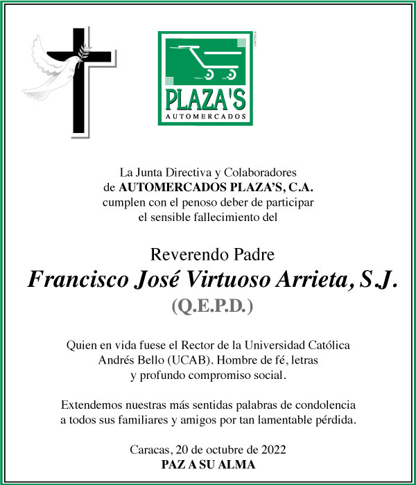 Obituario Reverendo Padre Francisco José Virtuoso Arrieta, .