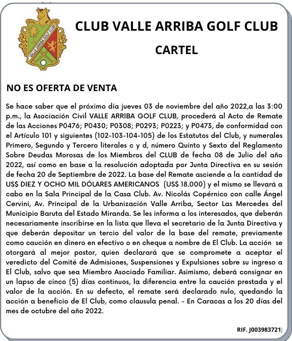 CARTEL DE REMATE DE ACCIONES, CLUB VALLE ARRIBA GOLF CLUB