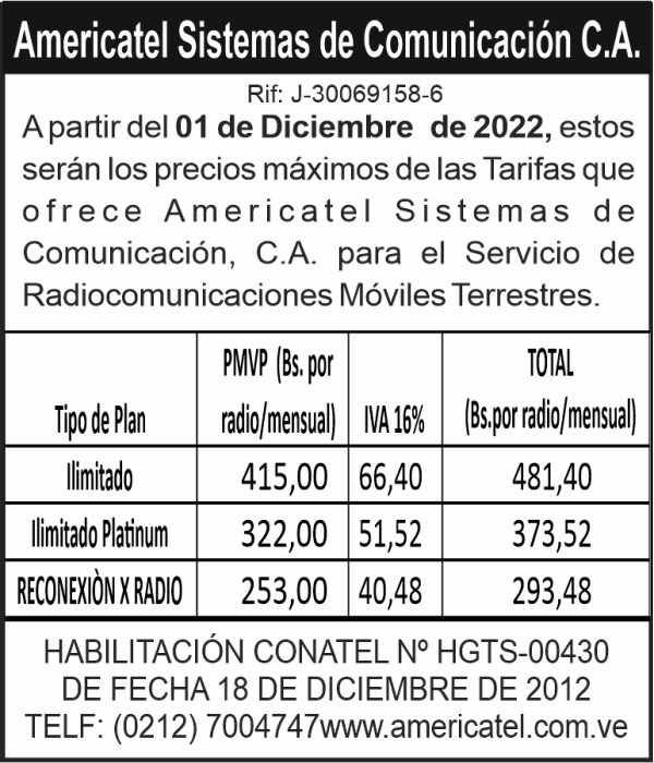 NOTIFICACIÓN AMERICATEL SISTEMAS DE COMUNICACIÓN, C.A.