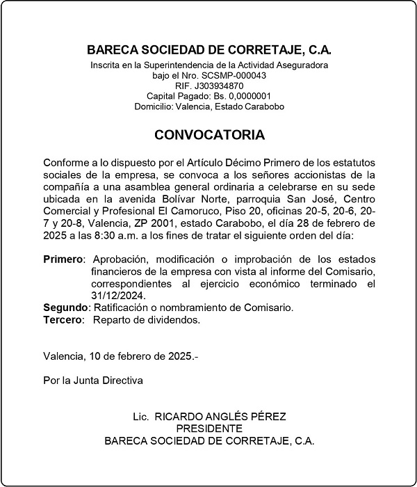 CONVOCATORIA BARECA SOCIEDAD DE CORRETAJE, C.A.
