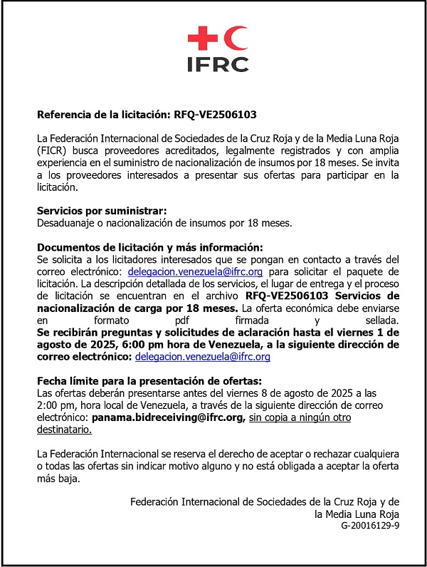 IFRC REFERENCIA DE LICITACIÓN RFQ-VE2506103 (FICR)