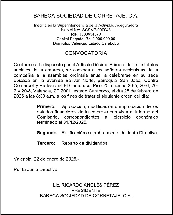 CONVOCATORIA BARECA SOCIEDAD DE CORRETAJE, C.A.