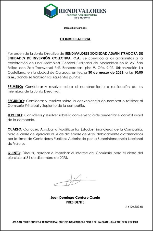 CONVOCATORIA RENDIVALORES SOCIEDAD ADMINISTRADORA ENTIDADES DE ...