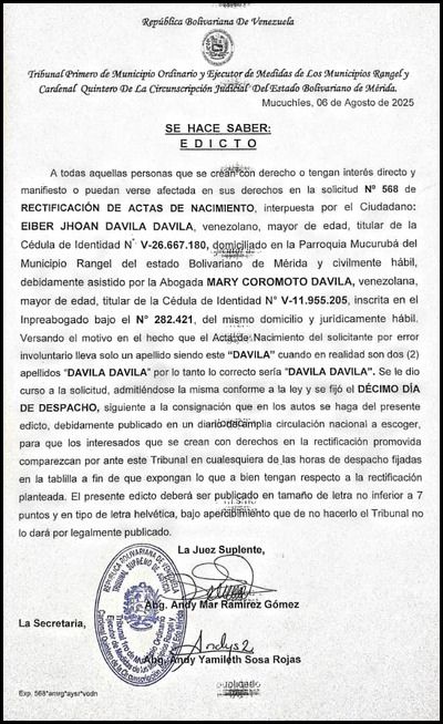 EDICTO EXP. N° 568