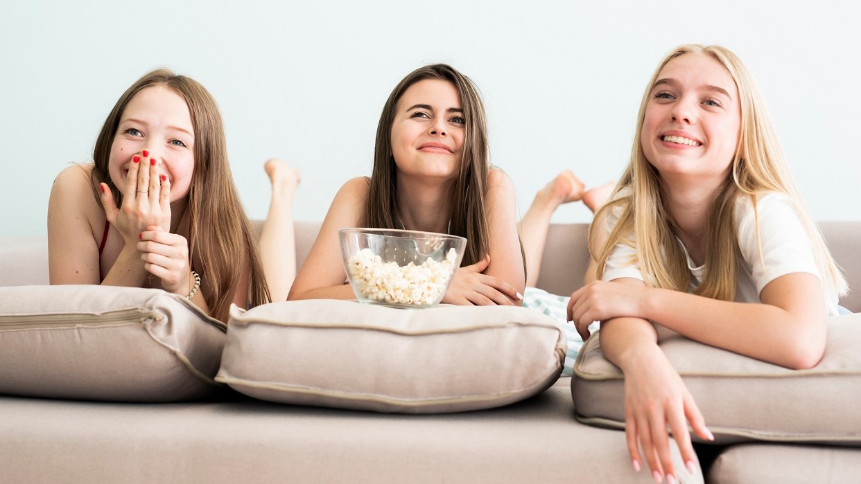 In front of friends. Girl in Front of friends.