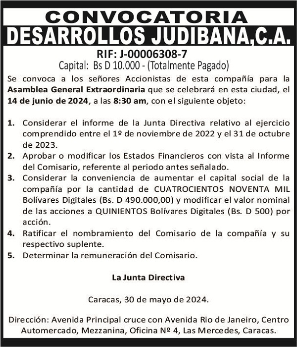 CONVOCATORIA DESARROLLOS JUDIBANA, C.A